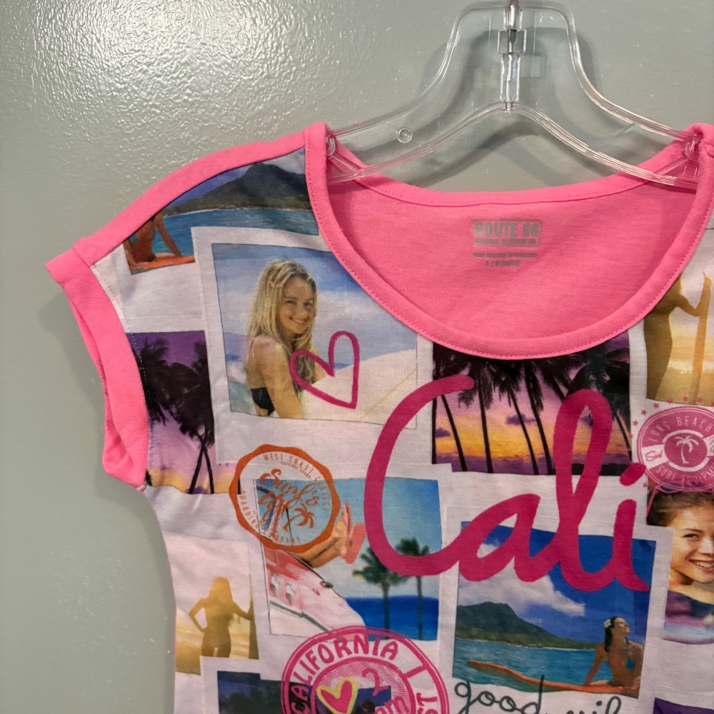 Route 66 Cali Good Vibes Graphic T Shirt Pink Beach (Girls Large 10/12) - Picture 5 of 8